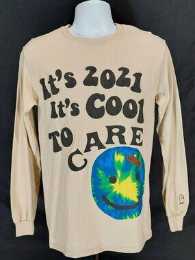 Lonely Ghost T-Shirt Sz Small 'It's Cool To Care' Cream Long Sleeve Streetwear